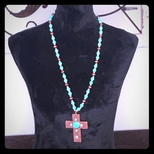 Turquoise and copper cross necklace